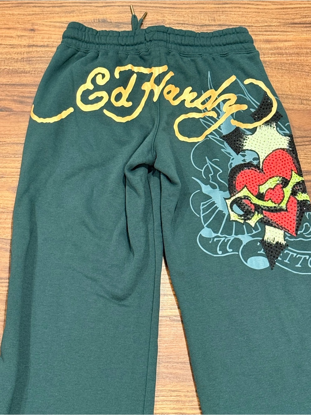 Ed Hardy Wide Leg Flared Sweatpants XS Sacred Heart Graphic Mcbling Grunge $85